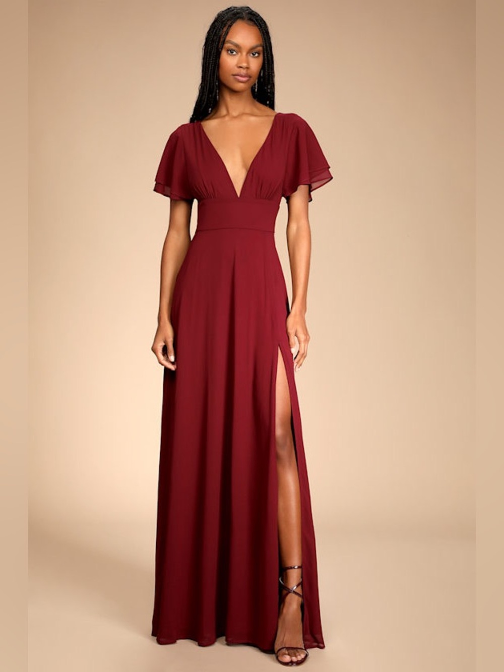 NWT Lulus Burgundy Wine Red Flutter Sleeve V-Neck Maxi Dress NWT | size small